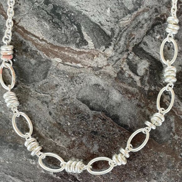 Vintage Inspired Silver Tone Chain Fashion Necklace With Decorative Links - Picture 2 of 7